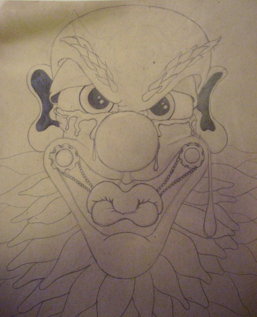 This is my "Closed" clown. He cannot speak because his mouth has been shut with that contraption on it... you can't read his eyes to know what he is thinking simply because he has a wall up so high you don't know what is going on his head. Are his tears from frustration? Fear? Pain? Anger? Who knows... he'll never tell. He'll never open up to anyone and because of this he will never feel love.... because he refused to let anyone in or out... so he is what we call "The Player"